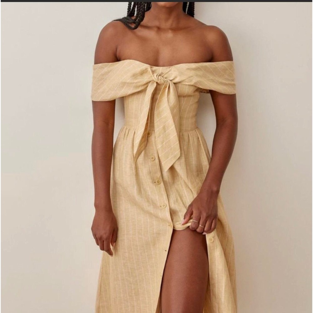 Reformation Linen Striped Off Shoulder Tie Front Dress Size 0